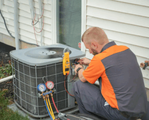 %Focuskw% | Grapids Home Services An HVAC technician inspects an AC unit to determine if repair or replacement is needed.