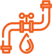 Orange icon of industrial pipes with valves and gauges, representing plumbing or pipeline infrastructure on a transparent background.