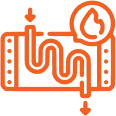 Orange line drawing of a mechanical device with a gauge, pipes, and valves, resembling industrial equipment or machinery.