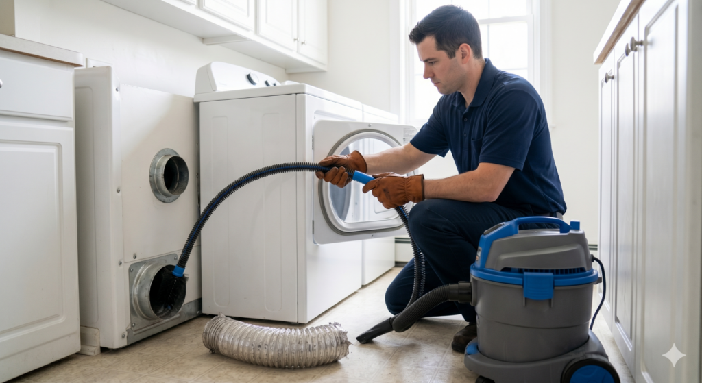 %Imagetitle% | Grapids Home Services A man in work gloves uses a vacuum to clean out a dryer vent in a laundry room, with the dryer pulled away from the wall and a flexible duct on the floor.