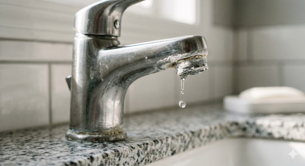 A close-up of a leaky kitchen faucet with water dripping onto a granite countertop.