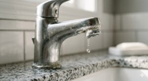%Focuskw% | Grapids Home Services A close-up of a leaky kitchen faucet with water dripping onto a granite countertop.