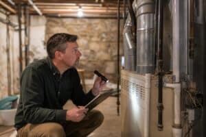 %Focuskw% | Grapids Home Services Man kneeling in a basement, inspecting a furnace with a flashlight and holding a clipboard. Exposed pipes and stone wall are visible in the background.