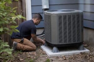 %Focuskw% | Grapids Home Services A technician kneels next to an outdoor air conditioning unit, adjusting or inspecting wires near the base.