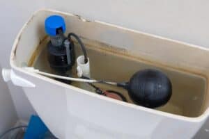 %Focuskw% | Grapids Home Services Open toilet tank showing the fill valve, float ball, and flushing mechanism, partially submerged in water, with some mineral buildup visible inside—a reminder that regular maintenance is essential for all household systems. Much like considering how long does an HVAC system last, attention to detail can extend the life of your plumbing components as well.